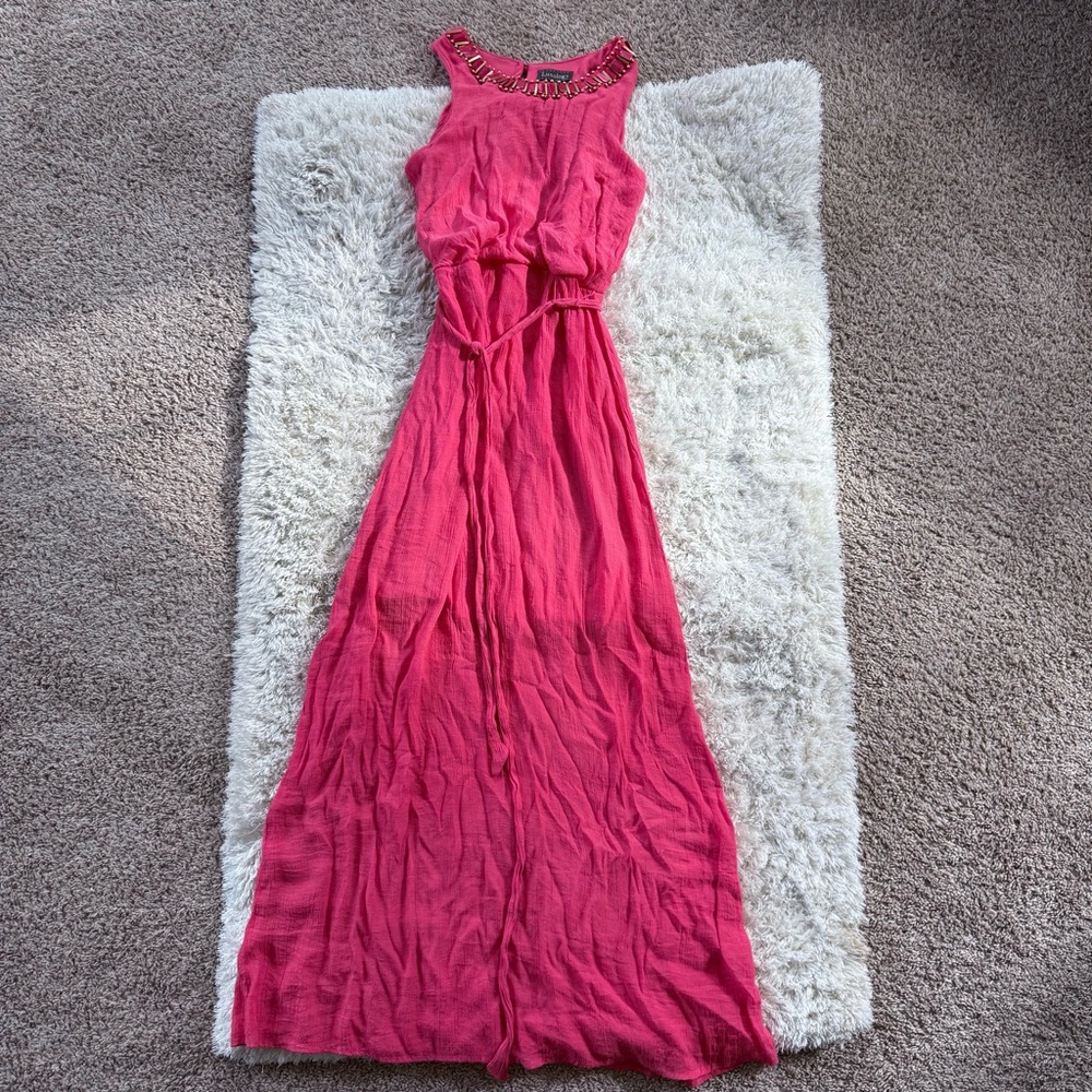 Luxology Beaded Maxi Dress Coral Pink Sleeveless Belted Empire Waist Size S - Picture 10 of 13